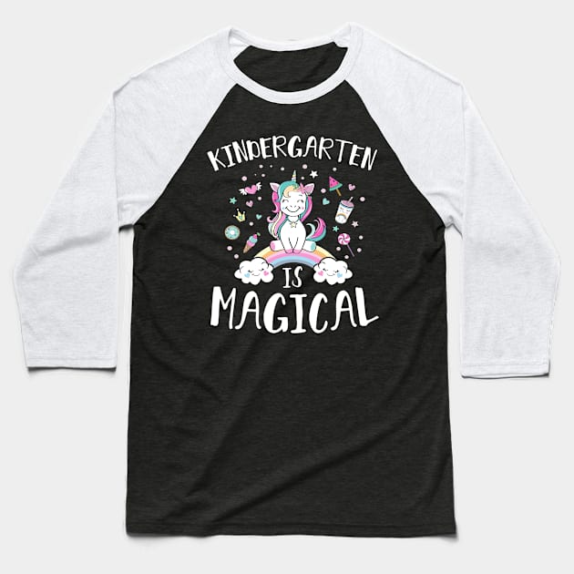 Kindergarten Is Magical Unicorn Back to School Girls Baseball T-Shirt by folidelarts